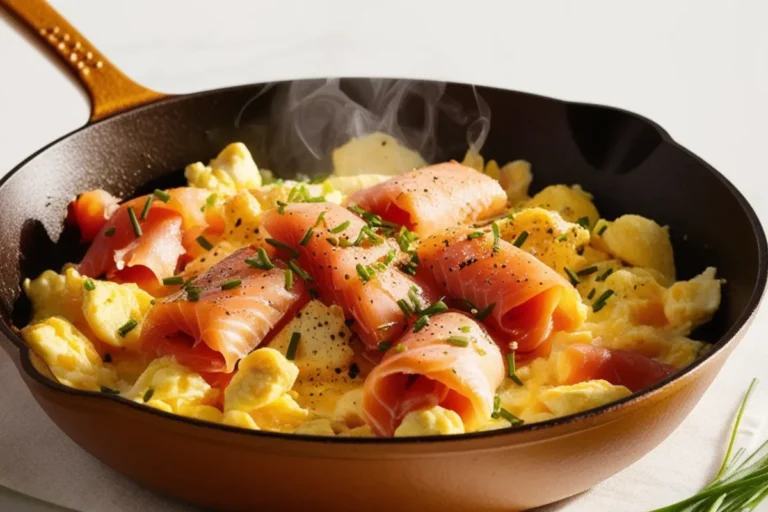 Salmon and Eggs: 10 Tips to a Delicious Breakfast Fluffy scrambled eggs with smoked salmon and chives in a skillet | https://www.tastytoprecipes.com/