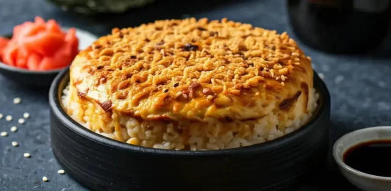 Salmon Sushi Bake: The Viral Cozy Twist on a Classic Favorite Salmon sushi bake with a golden, crispy topping served in a black dish | TastyTopRecipes.com