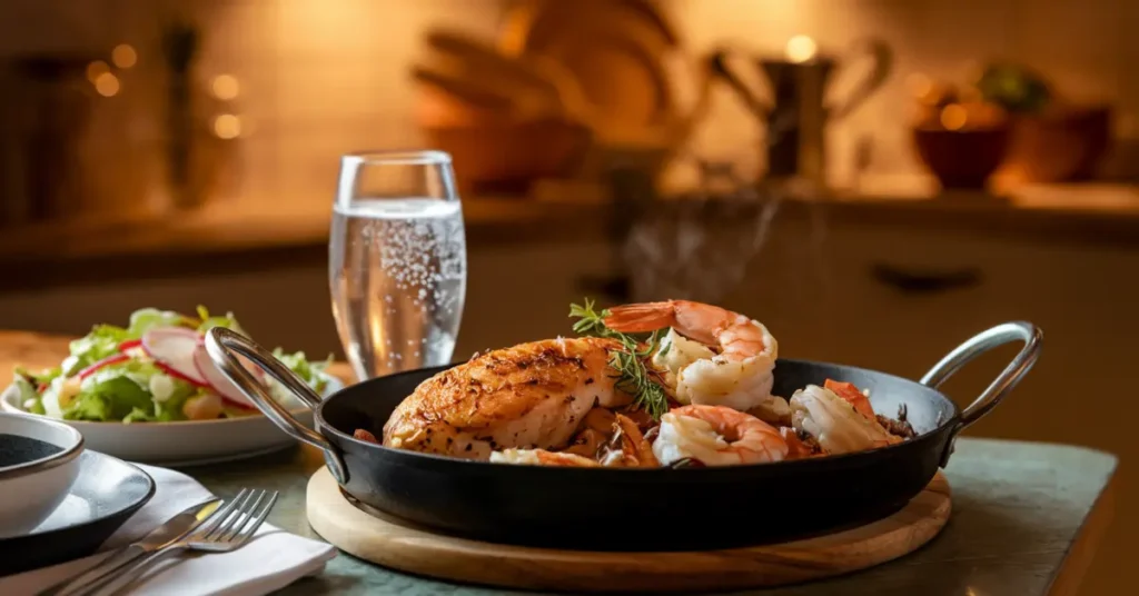 Chicken and Shrimp Skillet served with a fresh side salad | TastyTopRecipes