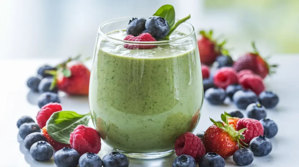 Frozen Spinach Smoothie Recipe for a Nutritious Start, featuring a close-up of a smoothie with chia seeds and fresh fruit garnish | Tasty Top Recipes