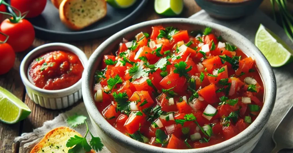 Fresh Garden Salsa Recipe served with lime wedges and garlic bread | TastyTopRecipes