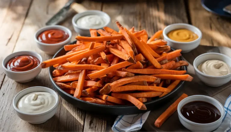 How to Make Perfect Sweet Potato Fries: Tips, Variations, and Dipping Sauces A large serving of crispy sweet potato fries on a dark plate, surrounded by an assortment of dipping sauces including ketchup, aioli, mustard, and barbecue sauce. Perfect for any Sweet Potato Fries Recipe | Tastytoprecipes.com