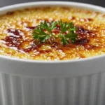 Irresistible Crab Brulee Recipe: A Luxurious Gourmet Dish for Fine Dining at Home Golden caramelized Crab Brulee Recipe served in a white ramekin, topped with fresh parsley, on a marble counter with soft natural lighting.