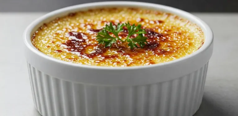 Irresistible Crab Brulee Recipe: A Luxurious Gourmet Dish for Fine Dining at Home Golden caramelized Crab Brulee Recipe served in a white ramekin, topped with fresh parsley, on a marble counter with soft natural lighting.