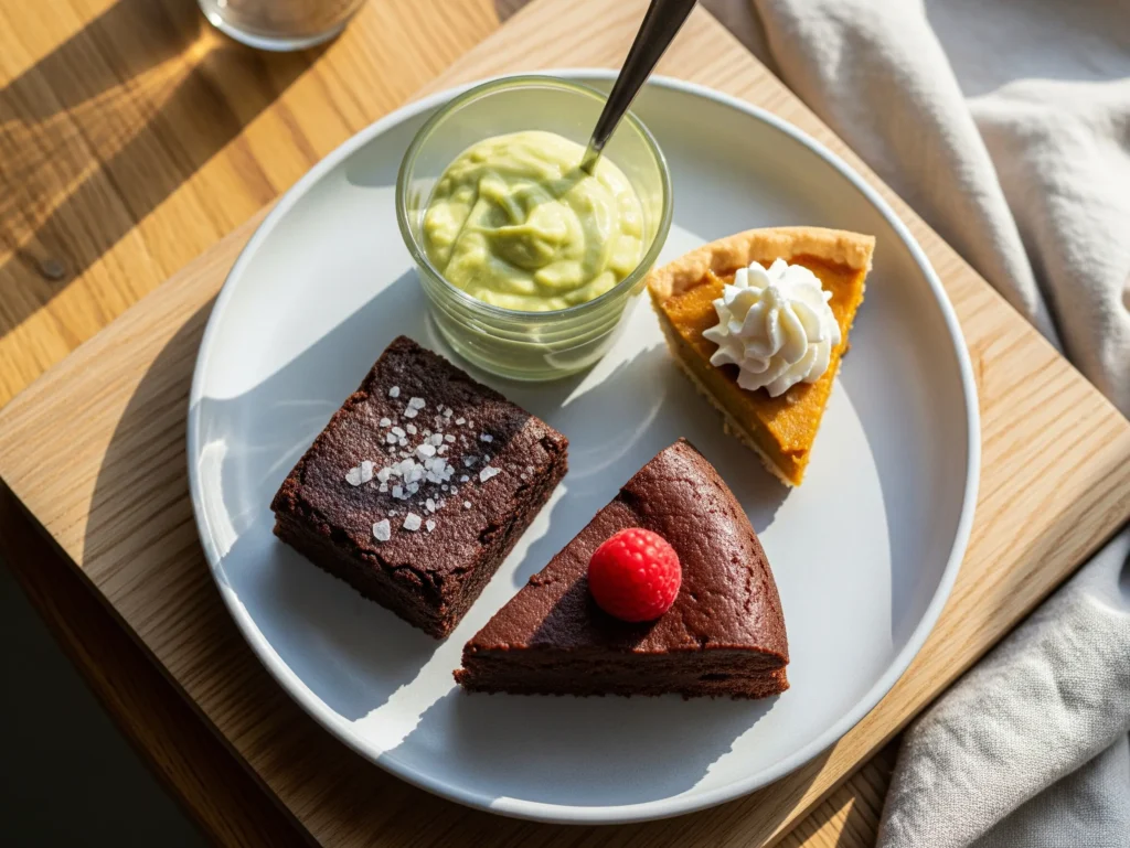 Assorted gluten-free desserts platter with mousse and fresh fruit