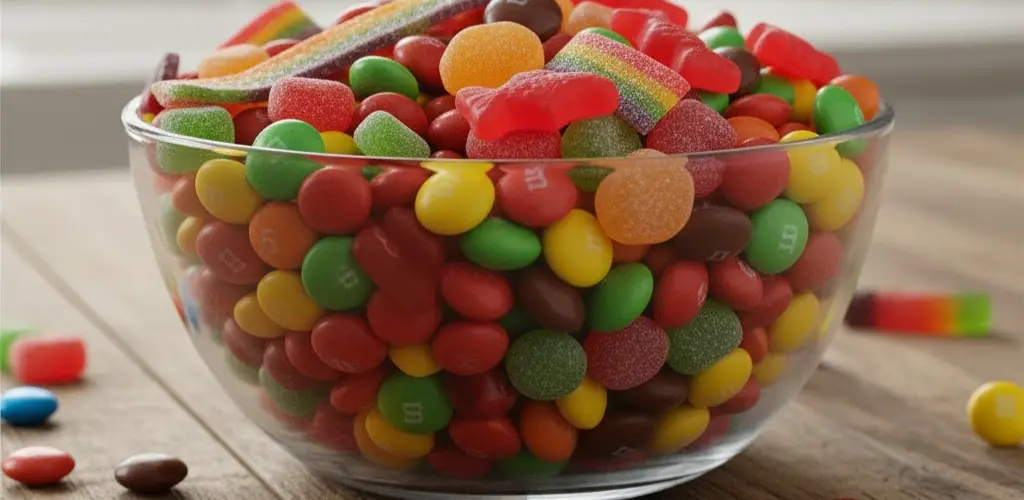 colorful gluten-free candies in clear glass bowl
