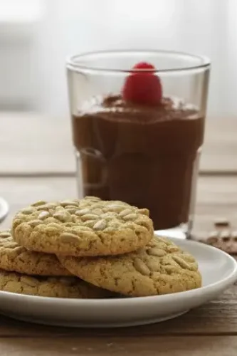 Gluten-free chocolate mousse with raspberry and cookies on plate