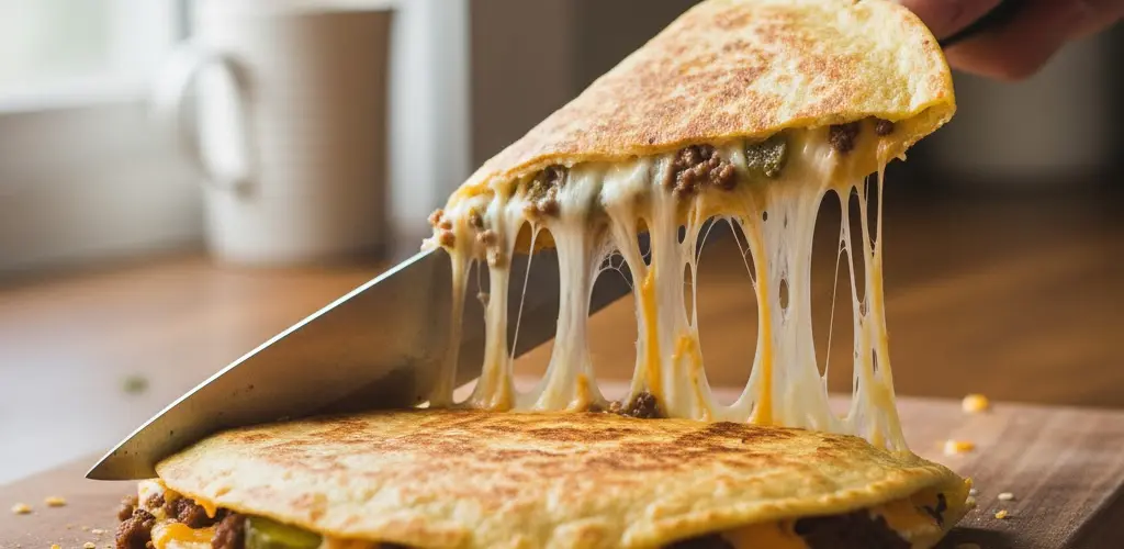 Cheeseburger quesadilla wedge lifted with melted cheese stretching out