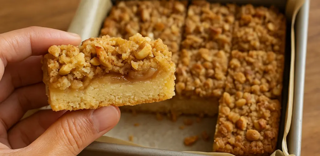 7 Easy Gluten-Free Baking Recipes: Delicious, Fuss-Free Treats for Every Home Baker A hand holding a slice of gluten-free apple crumble bar with crumbly oat topping.