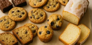 Assorted easy gluten-free baked goods including brownies, cookies, muffins, and lemon loaf arranged on parchment paper.