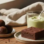 Flourless chocolate cake topped with whipped cream on a rustic plate