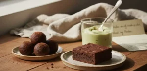 Flourless chocolate cake topped with whipped cream on a rustic plate
