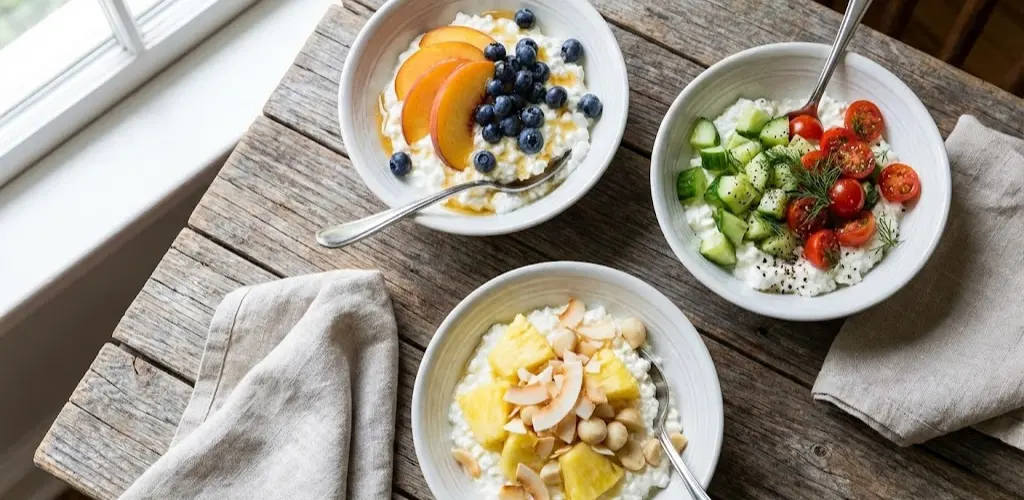 Quick gluten-free breakfast ideas with an assortment of gluten-free breakfast bowls arranged on a table with fresh toppings.