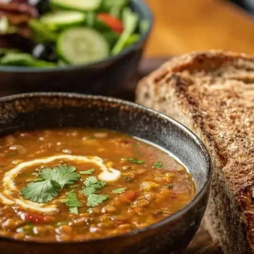 Side-angle view of Easy Healthy Lentil Soup showing brothy lentils and greens