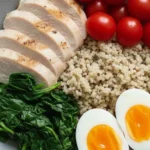 Plate with grilled chicken, boiled eggs, and greens—featuring one of the best breakfast meats