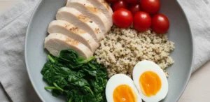 Plate with grilled chicken, boiled eggs, and greens—featuring one of the best breakfast meats