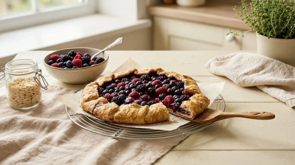 Home Homemade rustic gluten-free berry galette on a cooling rack with fresh blueberries and raspberries on a kitchen table.