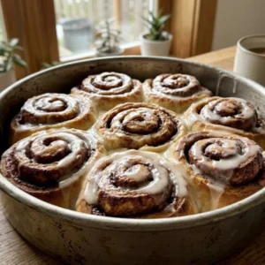 Same Day Sourdough Discard Cinnamon Rolls (No Overnight Rise) An overhead photo of a round metal pan containing nine baked and iced cinnamon rolls.