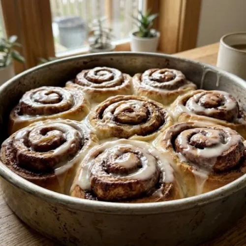 Same Day Sourdough Discard Cinnamon Rolls (No Overnight Rise) An overhead, slightly-angled shot of a round pan of finished, iced cinnamon rolls on a wooden table, next to a coffee mug.