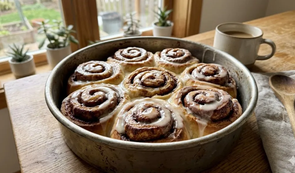 Same Day Sourdough Discard Cinnamon Rolls (No Overnight Rise) An overhead, slightly-angled shot of a round pan of finished, iced cinnamon rolls on a wooden table, next to a coffee mug.