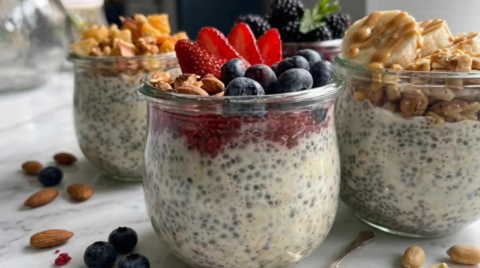Close-up focus on glass jars filled with creamy chia seed and oat pudding, highlighting easy overnight oats recipes.