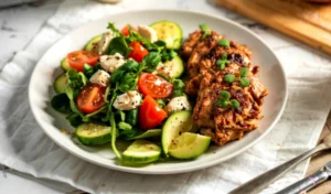 A white bowl containing a fresh garden salad with cherry tomatoes, cucumbers, and feta alongside a portion of seasoned pulled chicken or turkey.