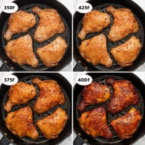 A split collage showing how long to cook boneless skinless chicken thighs in oven at different temperatures including 350°F, 375°F, 400°F, and 425°F.