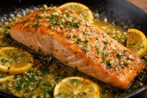 Pan-seared lemon garlic salmon fillet with lemon slices and parsley