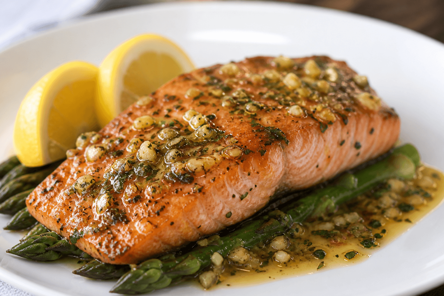 Lemon Garlic Salmon Recipe (Juicy in 20 Minutes) Plated lemon garlic salmon with lemon wedges and vegetables