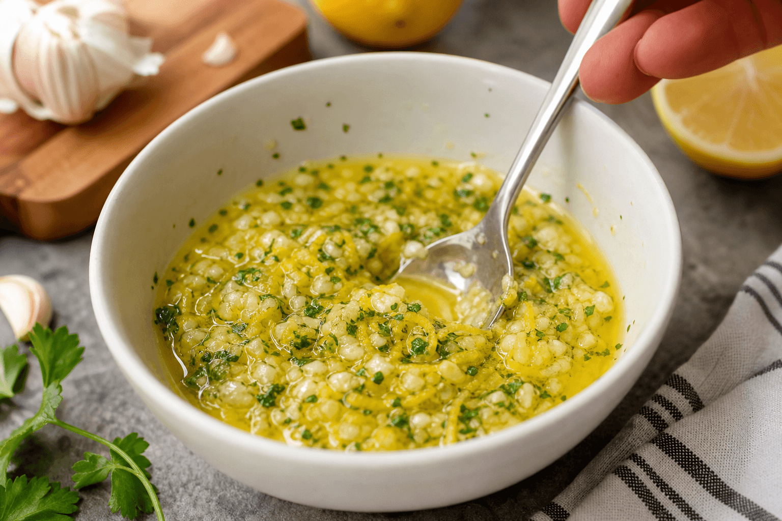 Lemon Garlic Salmon Recipe (Juicy in 20 Minutes) Lemon garlic butter sauce in a bowl with lemon zest and garlic