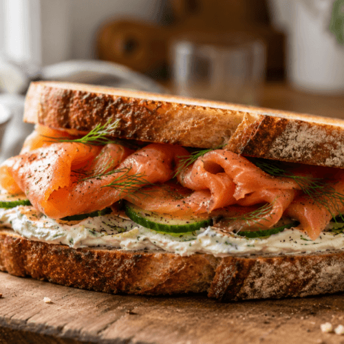 Smoked salmon sandwich on toasted sourdough with cream cheese, cucumber, and fresh dill