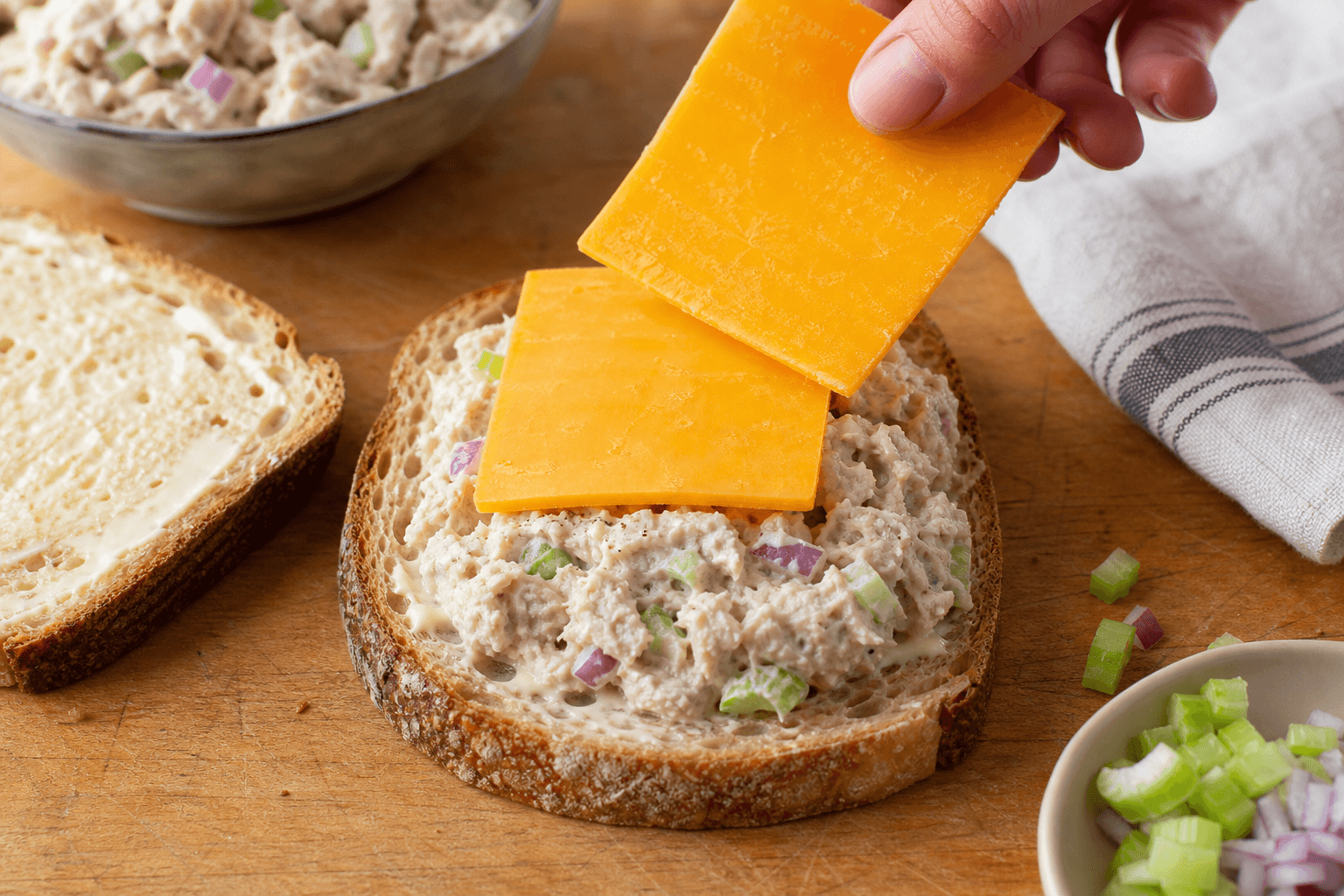 tuna melt sandwich recipe assembly with tuna salad and cheddar