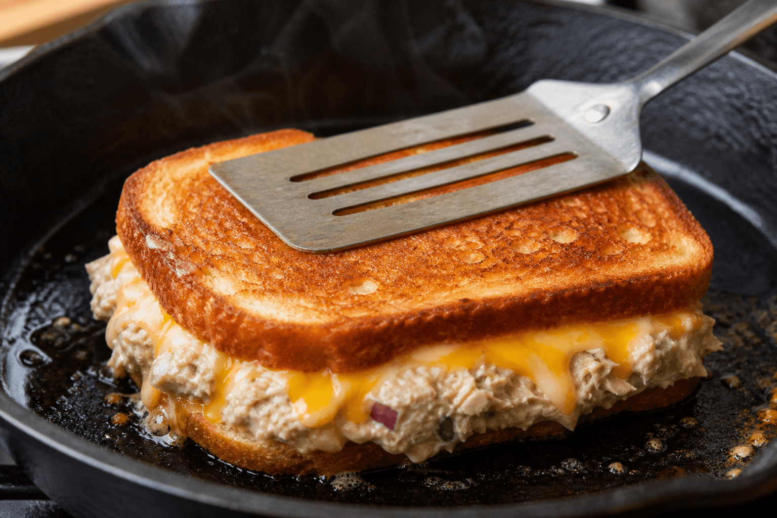 tuna melt sandwich recipe cooking in a skillet