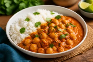 Easy Chickpea Curry Recipe easy chickpea curry recipe in a bowl with creamy coconut sauce and cilantro