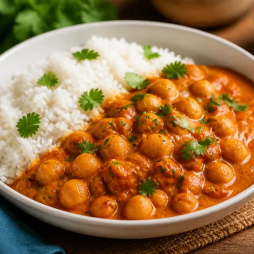 Easy Chickpea Curry Recipe easy chickpea curry recipe in a bowl with creamy coconut sauce and cilantro
