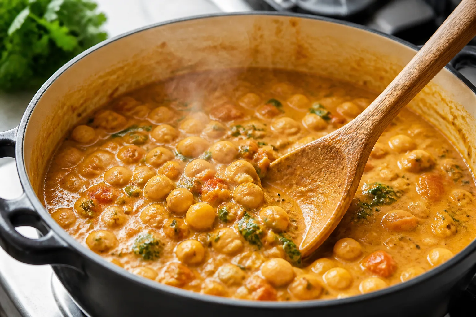 Easy Chickpea Curry Recipe easy chickpea curry recipe simmering in a pot with creamy tomato coconut sauce
