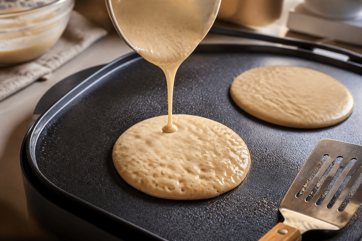 Gluten free pancake recipe batter cooking on a hot griddle with bubbles