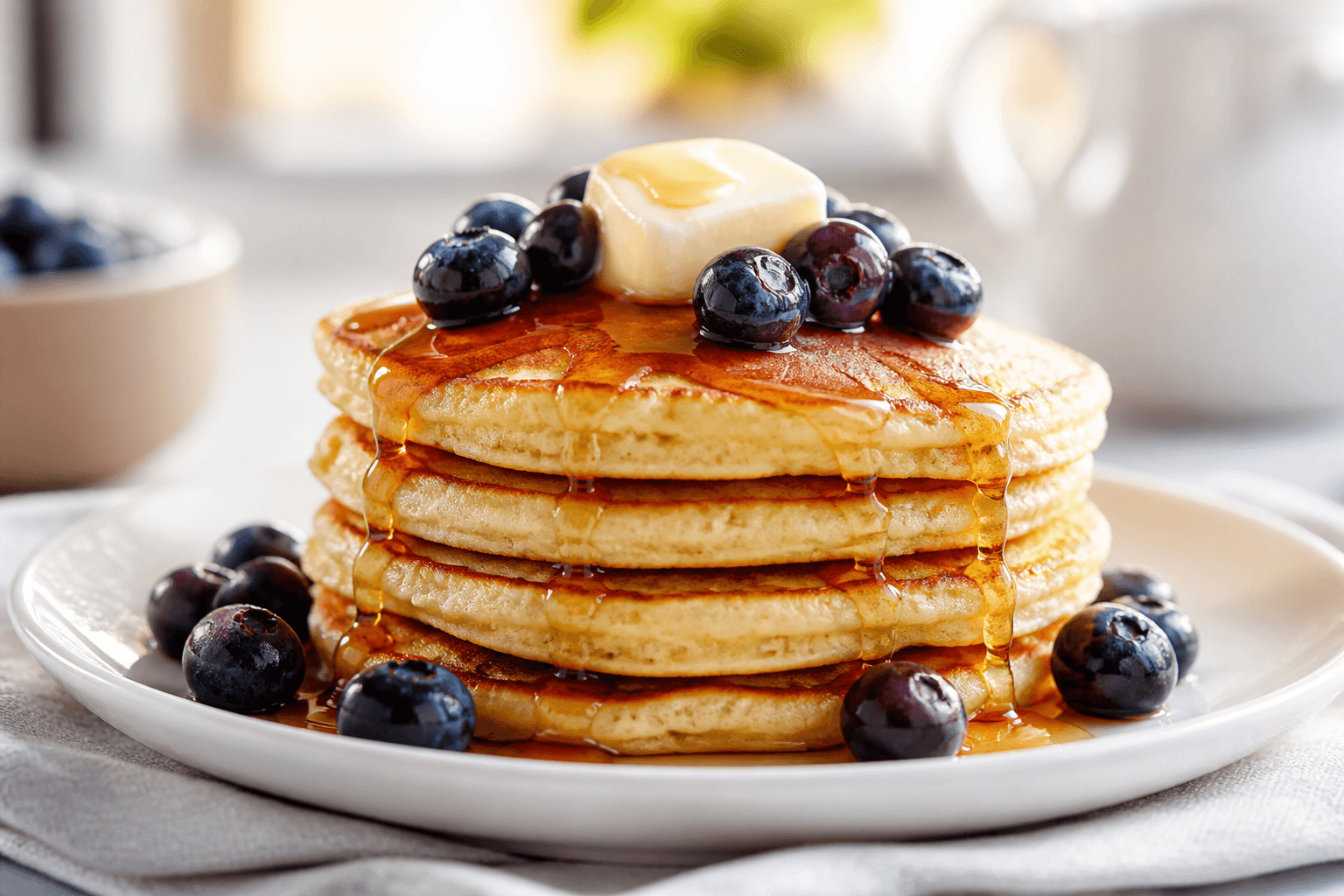 Easy gluten free pancakes stacked with maple syrup and fresh berries