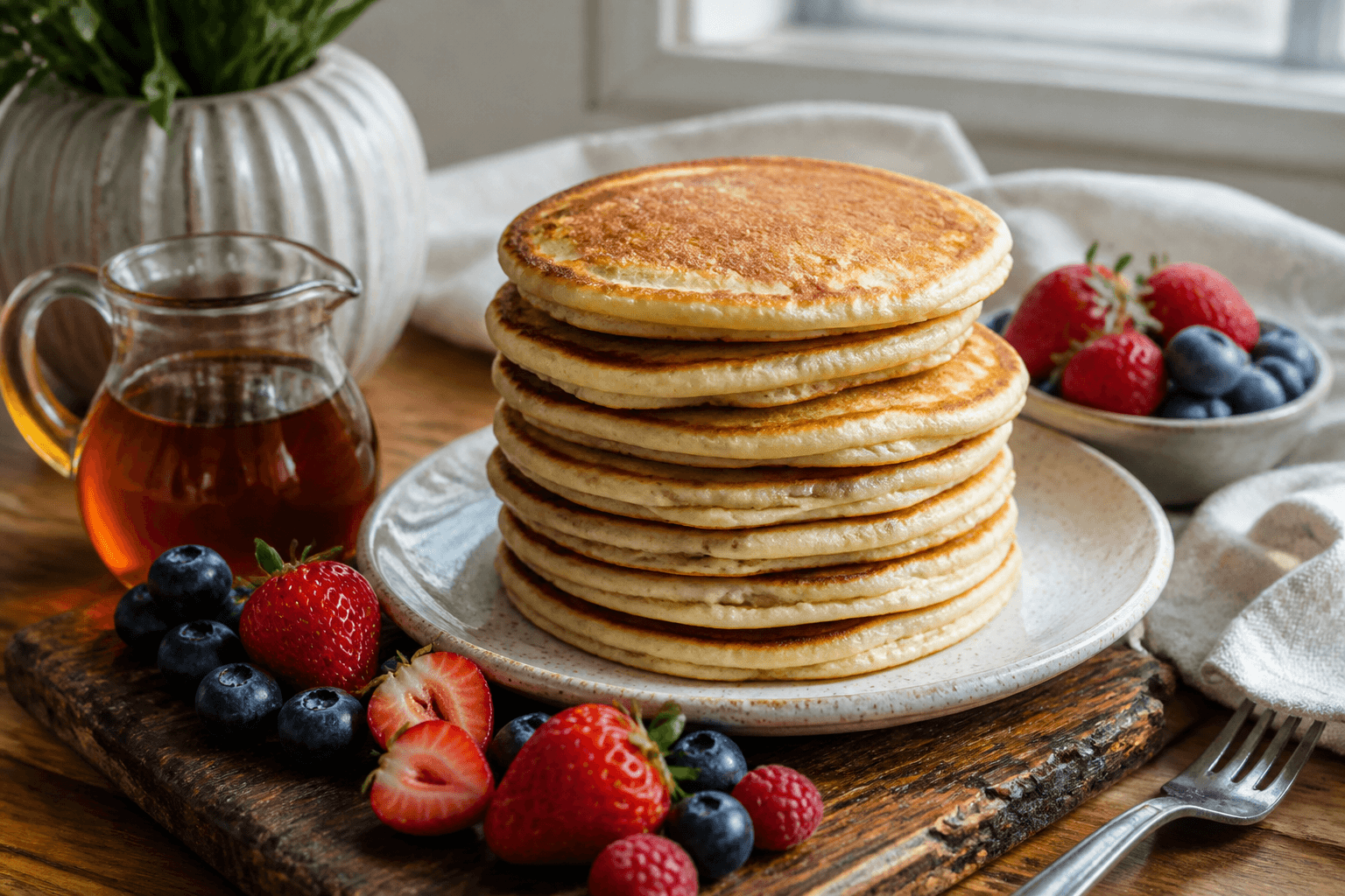 Homemade gluten free pancakes stack with maple syrup and berries