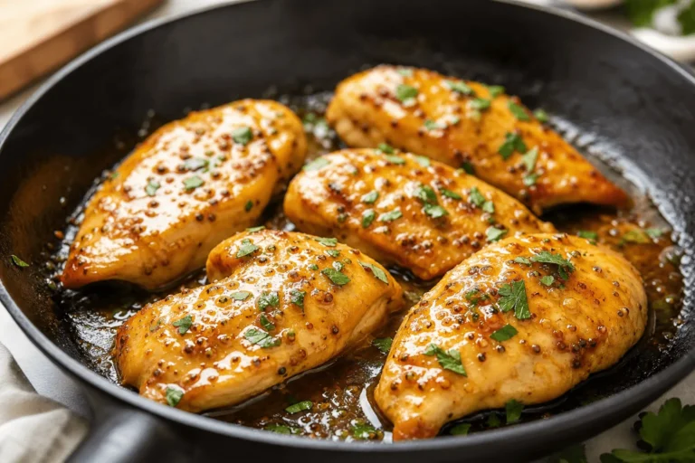 Honey Mustard Chicken (Juicy Skillet Dinner) Easy honey mustard chicken in a cast-iron skillet with sticky golden glaze and parsley