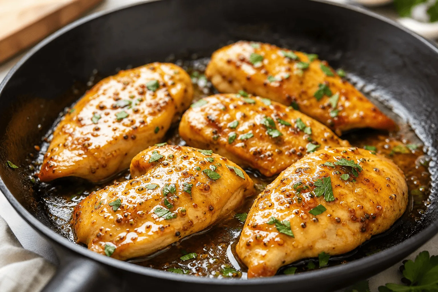Honey Mustard Chicken (Juicy Skillet Dinner) Easy honey mustard chicken in a cast-iron skillet with sticky golden glaze and parsley