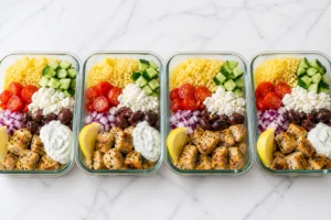 Easy Greek Chicken Bowls Recipe easy greek chicken bowls recipe in meal prep containers with rice, chicken, and tzatziki