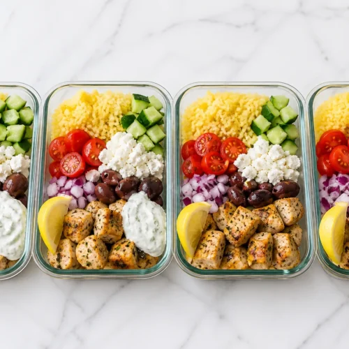 Easy Greek Chicken Bowls Recipe easy greek chicken bowls recipe in meal prep containers with rice, chicken, and tzatziki