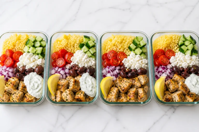 Greek Chicken Bowls (Fresh Meal Prep Dinner) easy greek chicken bowls recipe in meal prep containers with rice, chicken, and tzatziki