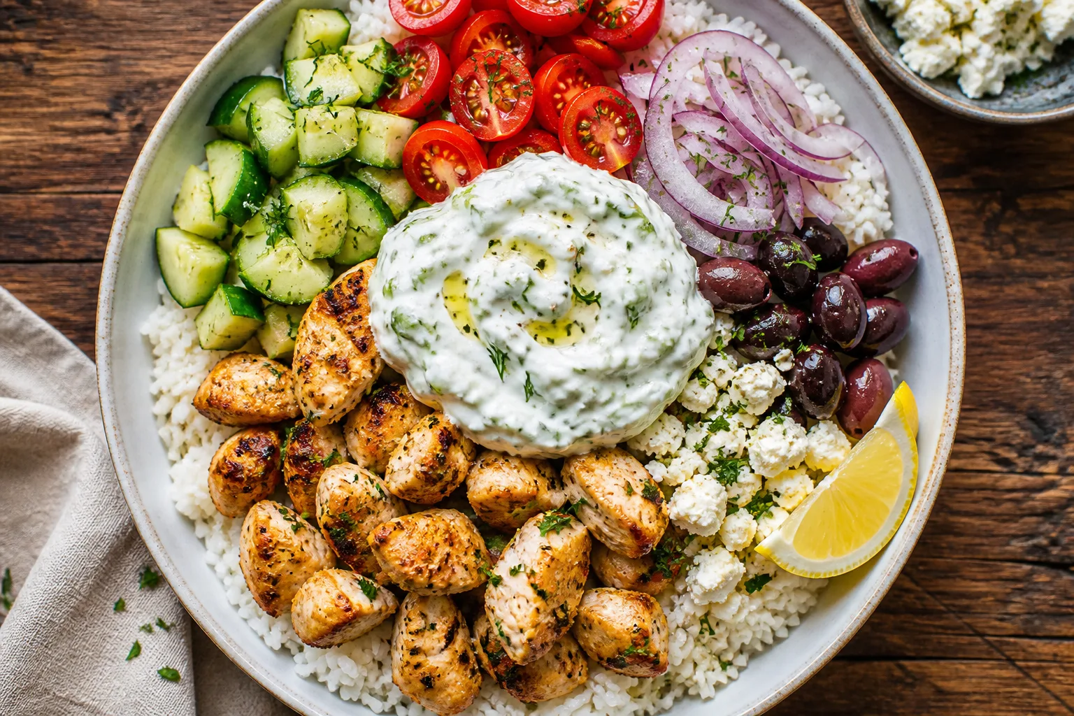 Easy Greek Chicken Bowls Recipe greek chicken bowls recipe plated with rice, feta, olives, and tzatziki