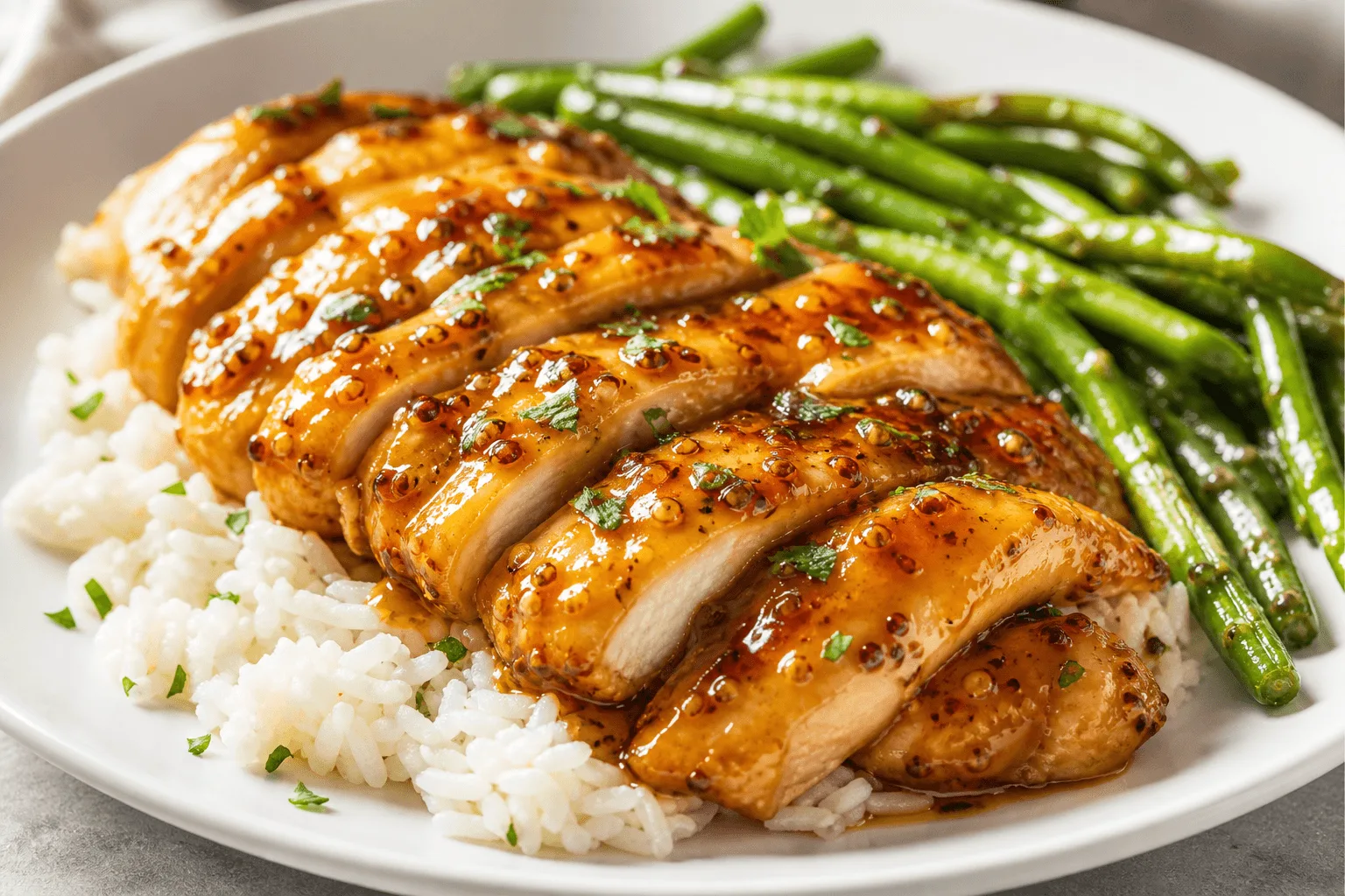 Honey Mustard Chicken (Juicy Skillet Dinner) Plated honey mustard chicken sliced over rice with green beans