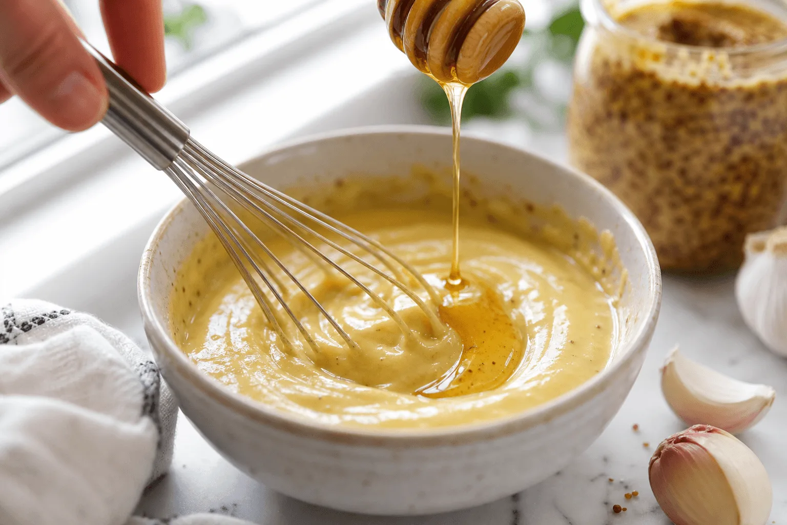 Honey Mustard Chicken (Juicy Skillet Dinner) Honey mustard sauce being whisked in a bowl with honey drizzle and garlic