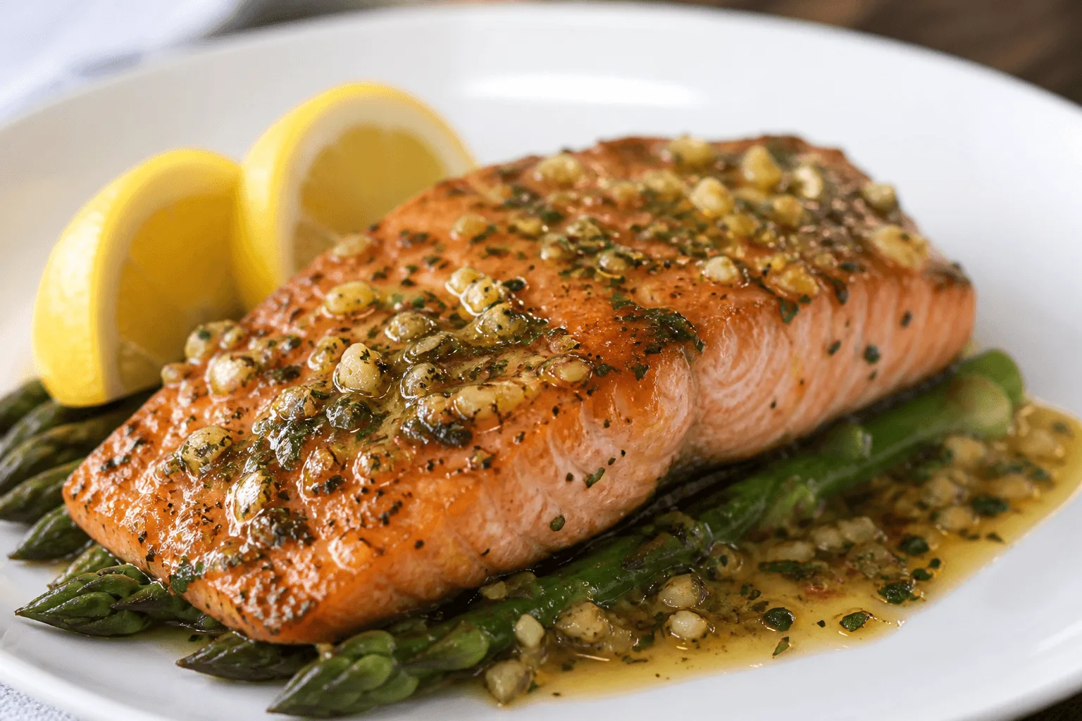 Lemon Garlic Salmon Recipe (Juicy in 20 Minutes) Plated lemon garlic salmon with lemon wedges and vegetables
