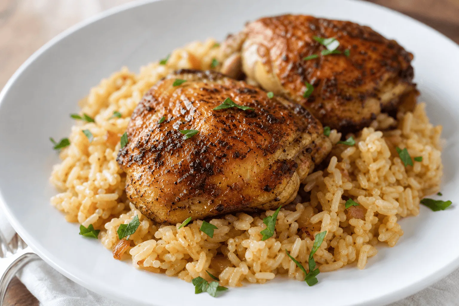 One Pan Chicken and Rice Recipe One Pan Chicken and Rice Recipe plated with parsley