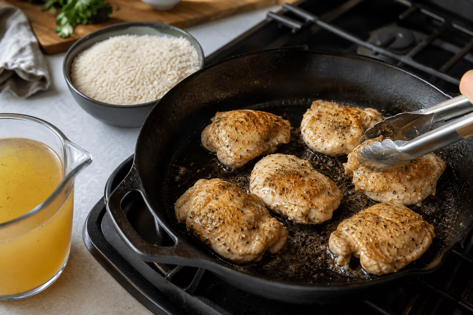 One Pan Chicken and Rice Recipe One Pan Chicken and Rice Recipe in a skillet with fluffy rice